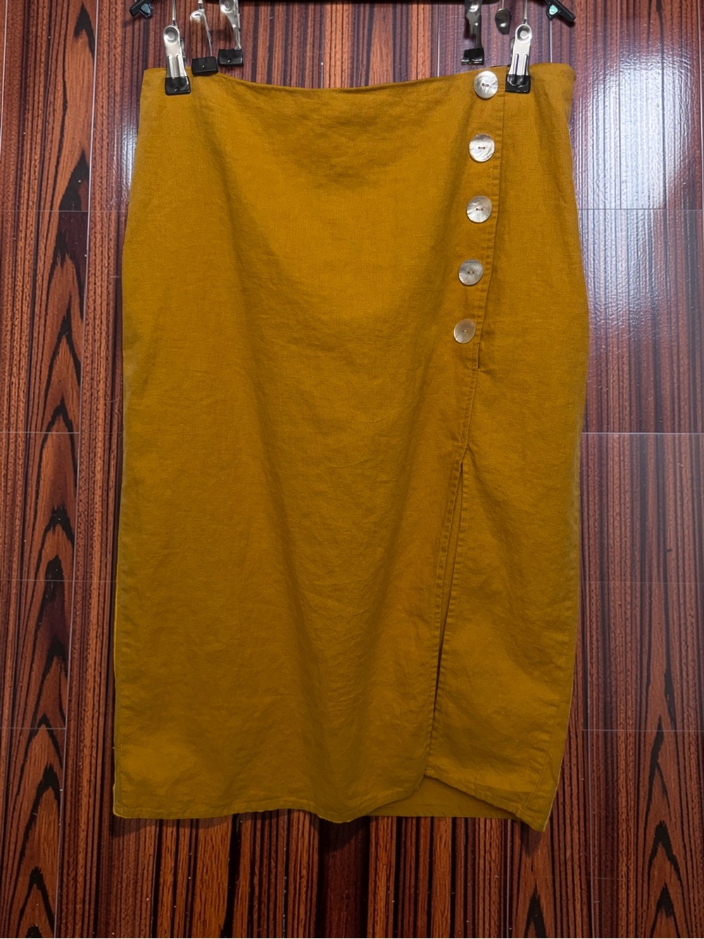 Andrew Marc Mustard Button-Accent Midi Skirt